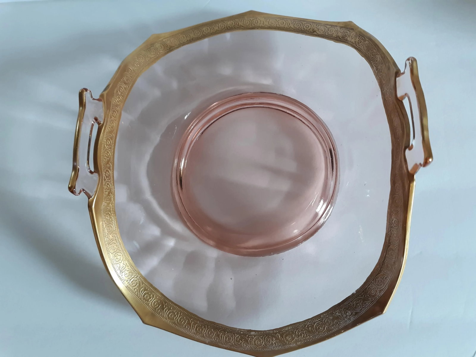 1930s Depression Glass Pink Footed Golden Rim Detailed Handled Bonbon Dish - 2