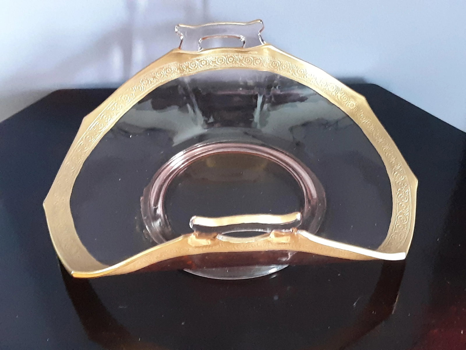 1930s Depression Glass Pink Footed Golden Rim Detailed Handled Bonbon Dish - 3