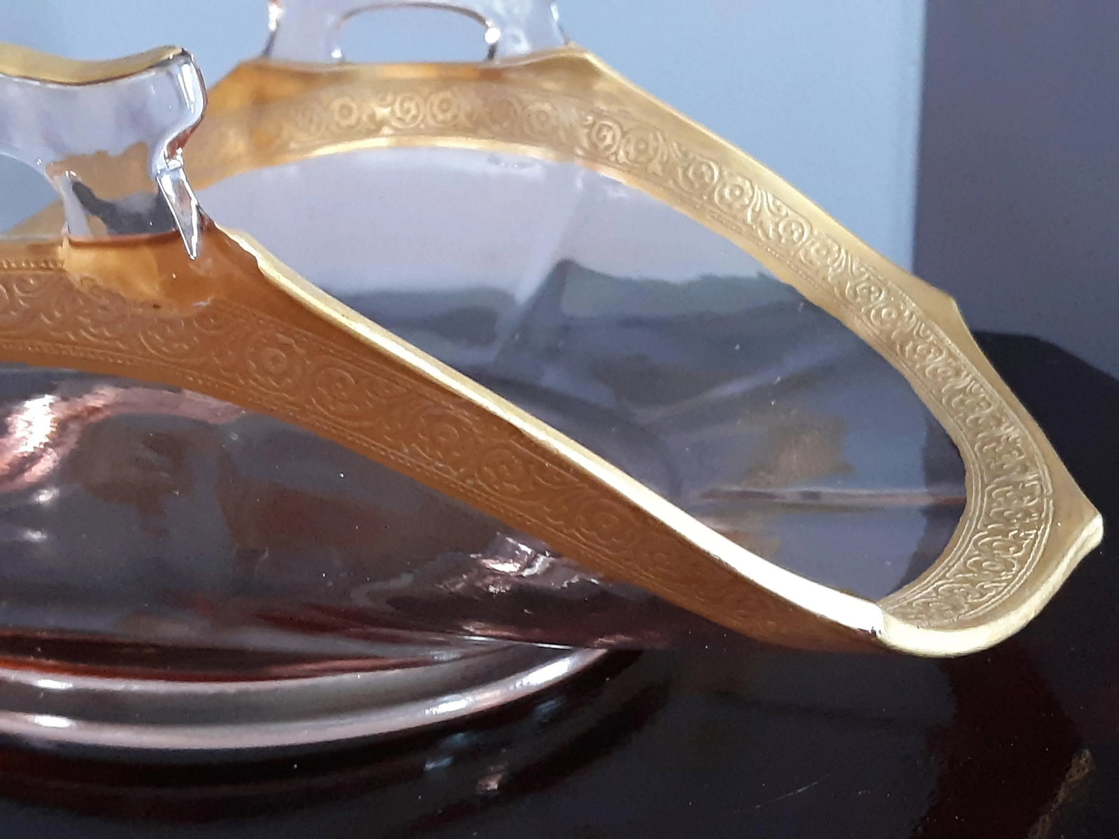 1930s Depression Glass Pink Footed Golden Rim Detailed Handled Bonbon Dish - 5