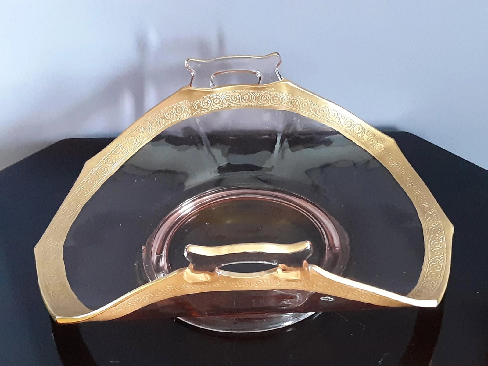 1930s Depression Glass Pink Footed Golden Rim Detailed Handled Bonbon Dish - 6