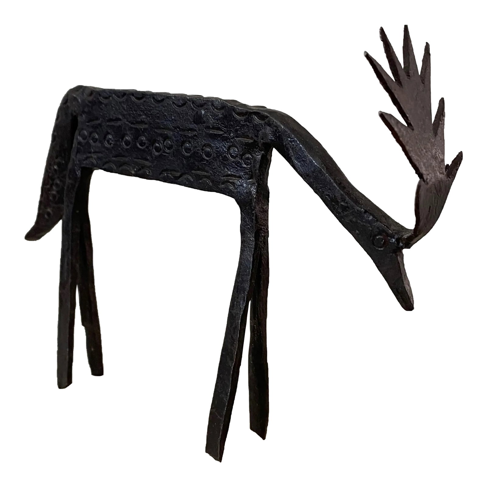 Vintage Late 20th Century Primitive Metal Elk: Rustic small primitive metal elk for you shelf or table top. Elk: 5.75"W x 1.5"D x 5"H Condition: Alterations: Original Condition Unaltered Imperfections: Some Imperfections Condition Notes: Perfect