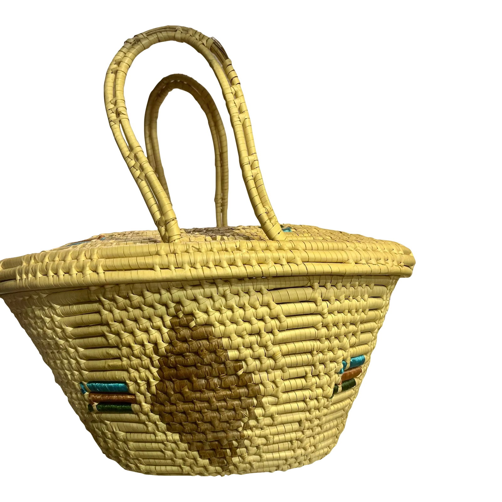 Vintage Woven Basket With Fitted Lid and Handles: Charming basket with handles and fitted lid. Colorful pattern woven throughout. Perfect for holding knitting, or keepsakes or for use when marketing. PS: If you purchase more than one item, we COMBINE
