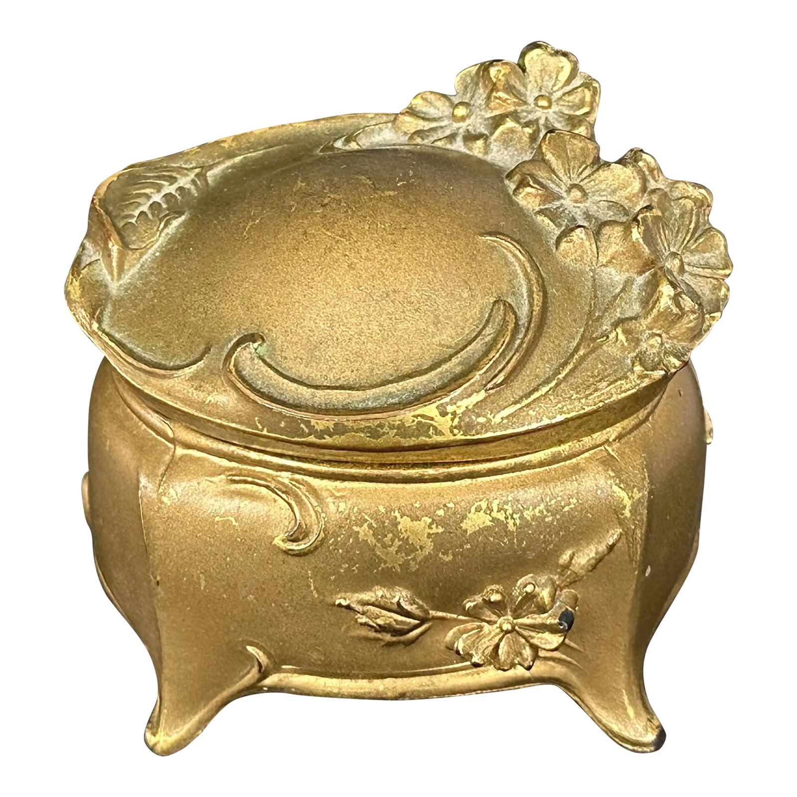 Antique Art Nouveau Jewelry Casket Box: This antique Art Nouveau era jewelry casket is a little gem of a box for little gems. The small metal box has a lovely floral design and its original satin lining. The jewelry box has a nice patina of