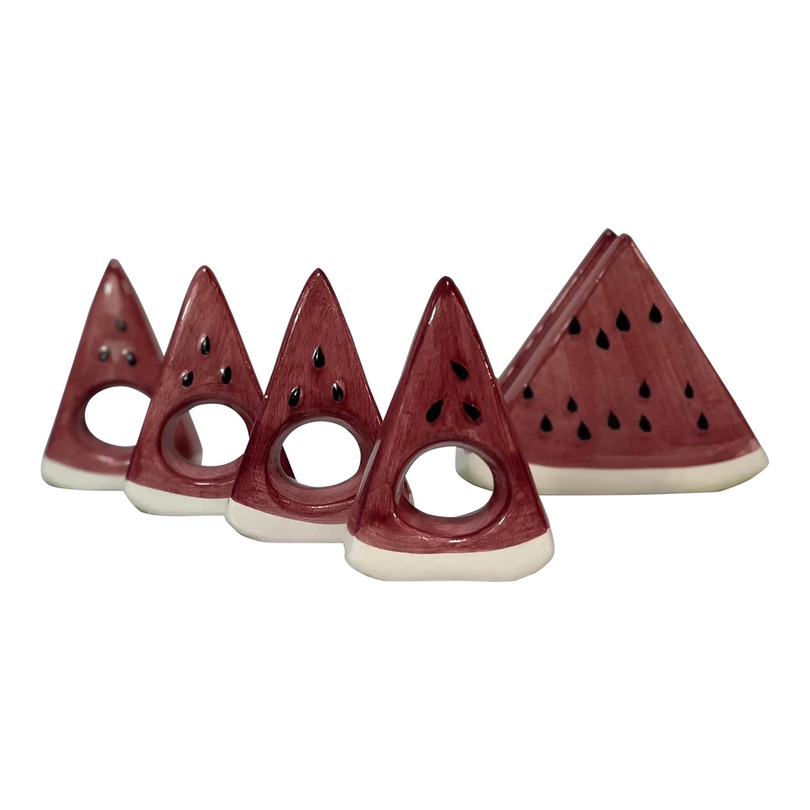 1980's Trompe-l'Oeil Ceramic Watermelon Wedge Napkin Rings and Holder- Set of 5: Pop Art Perfection! Juicy watermelon slice ceramic napkin rings will add a touch of Americana style to your table or picnic blanket! So will the matching napkin holder! Set of 5 includes: DIMENSIONS