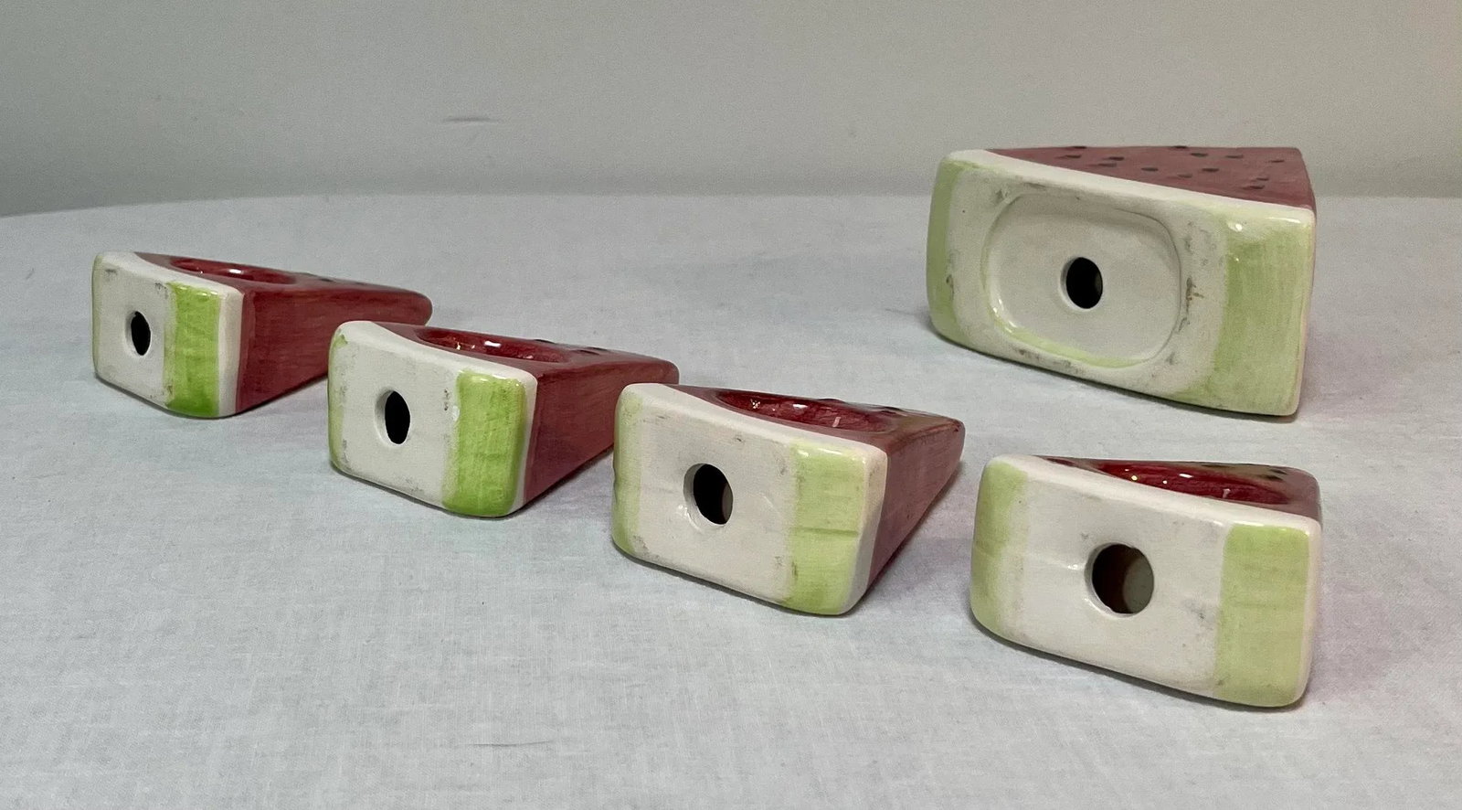 1980's Trompe-l'Oeil Ceramic Watermelon Wedge Napkin Rings and Holder- Set of 5 - 2