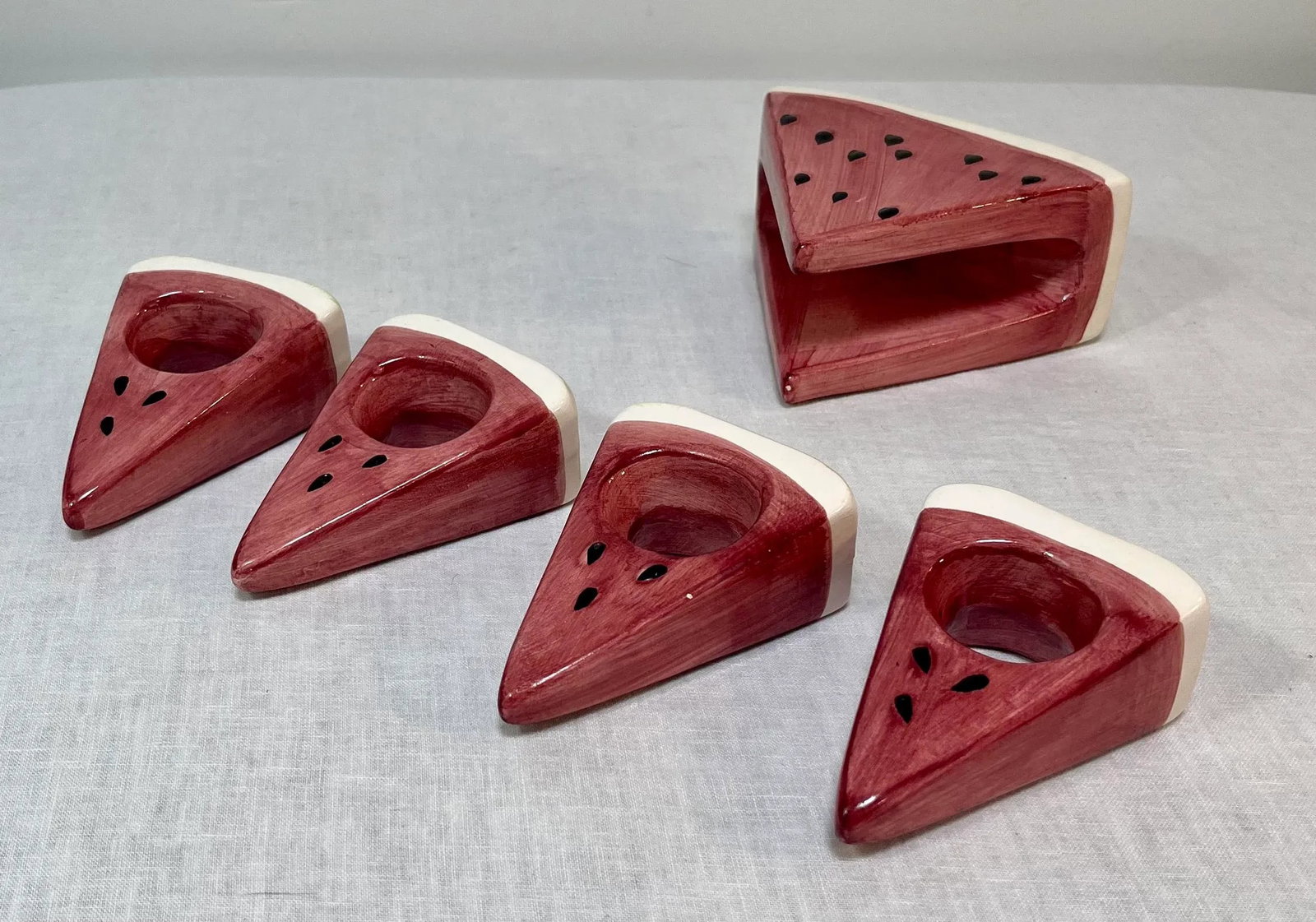 1980's Trompe-l'Oeil Ceramic Watermelon Wedge Napkin Rings and Holder- Set of 5 - 3