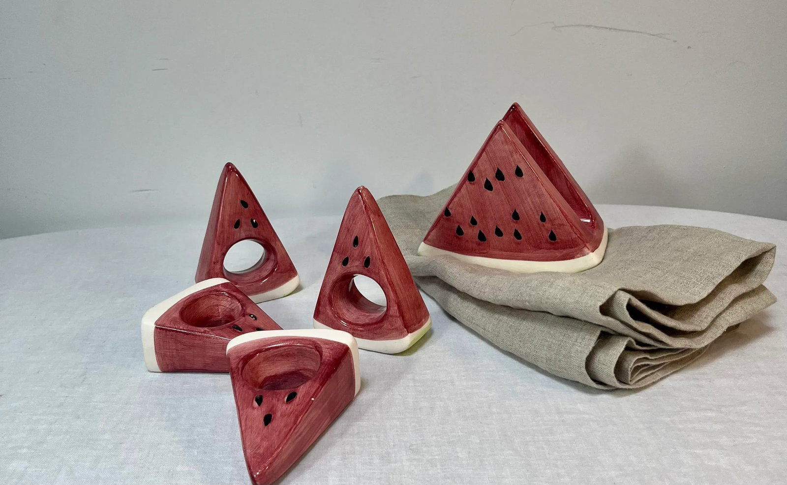 1980's Trompe-l'Oeil Ceramic Watermelon Wedge Napkin Rings and Holder- Set of 5 - 4