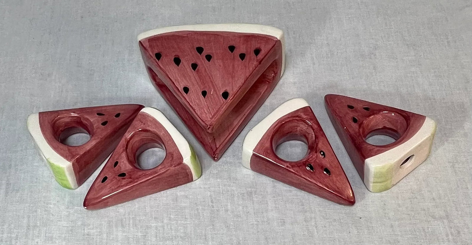 1980's Trompe-l'Oeil Ceramic Watermelon Wedge Napkin Rings and Holder- Set of 5 - 5