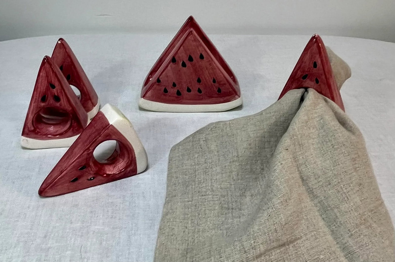 1980's Trompe-l'Oeil Ceramic Watermelon Wedge Napkin Rings and Holder- Set of 5 - 6