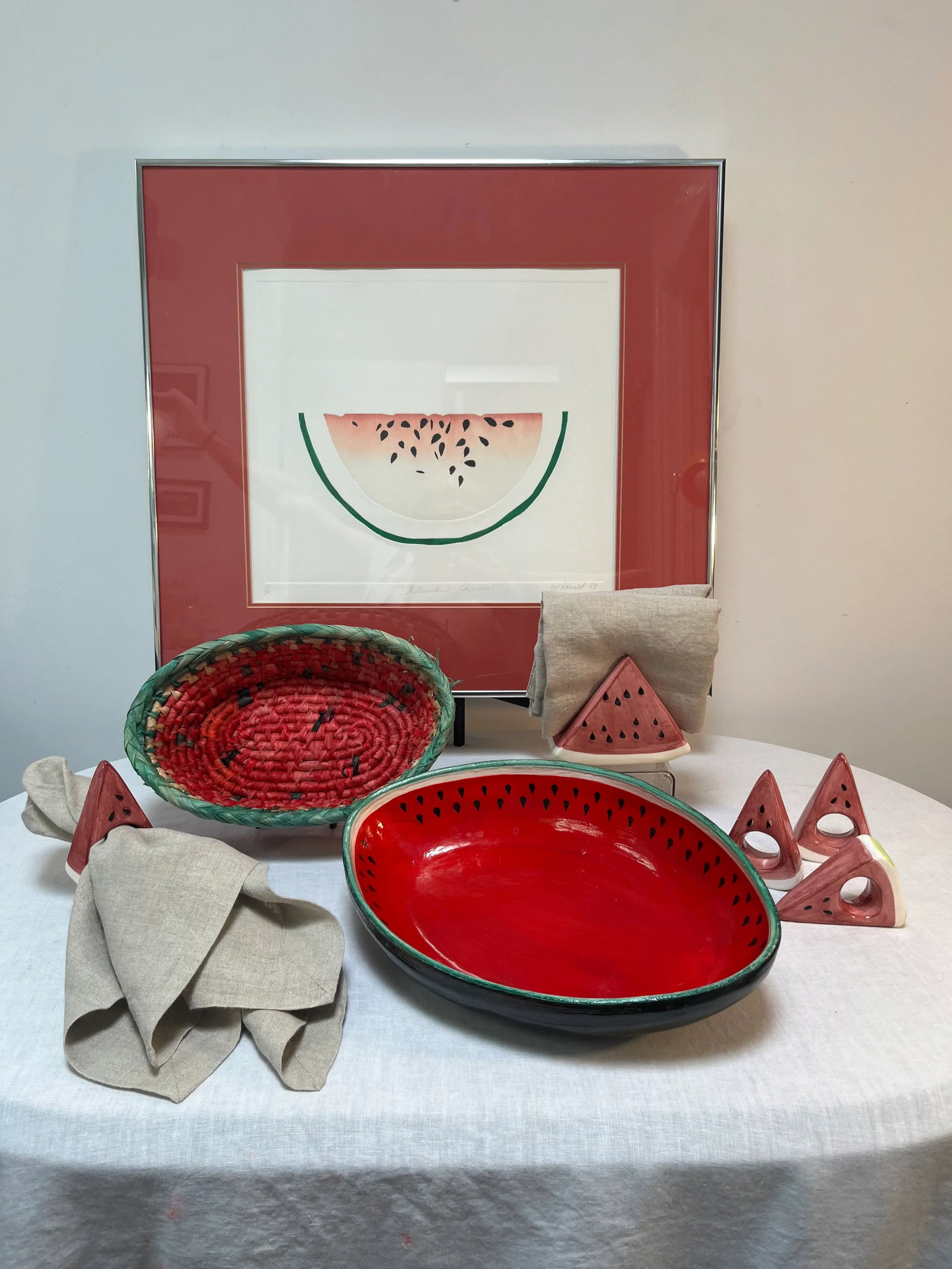 1980's Trompe-l'Oeil Ceramic Watermelon Wedge Napkin Rings and Holder- Set of 5 - 7