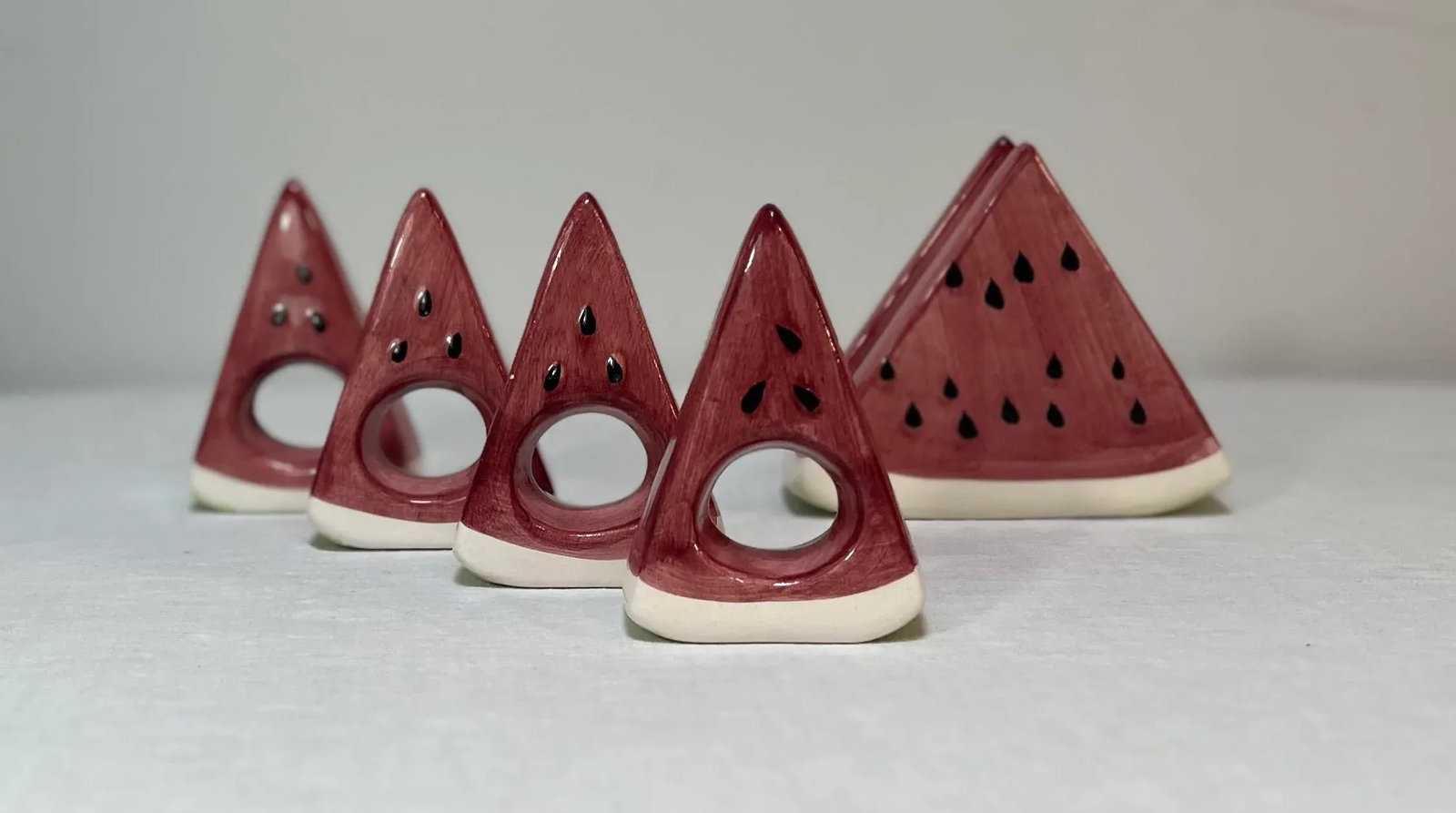 1980's Trompe-l'Oeil Ceramic Watermelon Wedge Napkin Rings and Holder- Set of 5 - 8