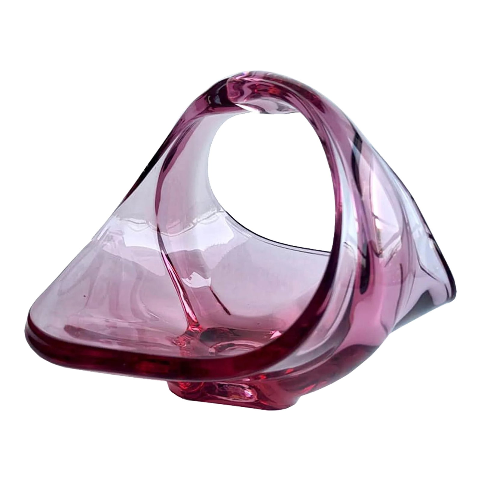 Mid 20th Century Viking Glass Epic Amethyst Console Basket, Low Vase: Offered is one of Viking's more rare pieces, from Viking Glass Epic Line, #6610 Open Console/Basket, from their 1966-1967 catalog. This is an Amethyst color, almost hyacinth pink, "basket" where