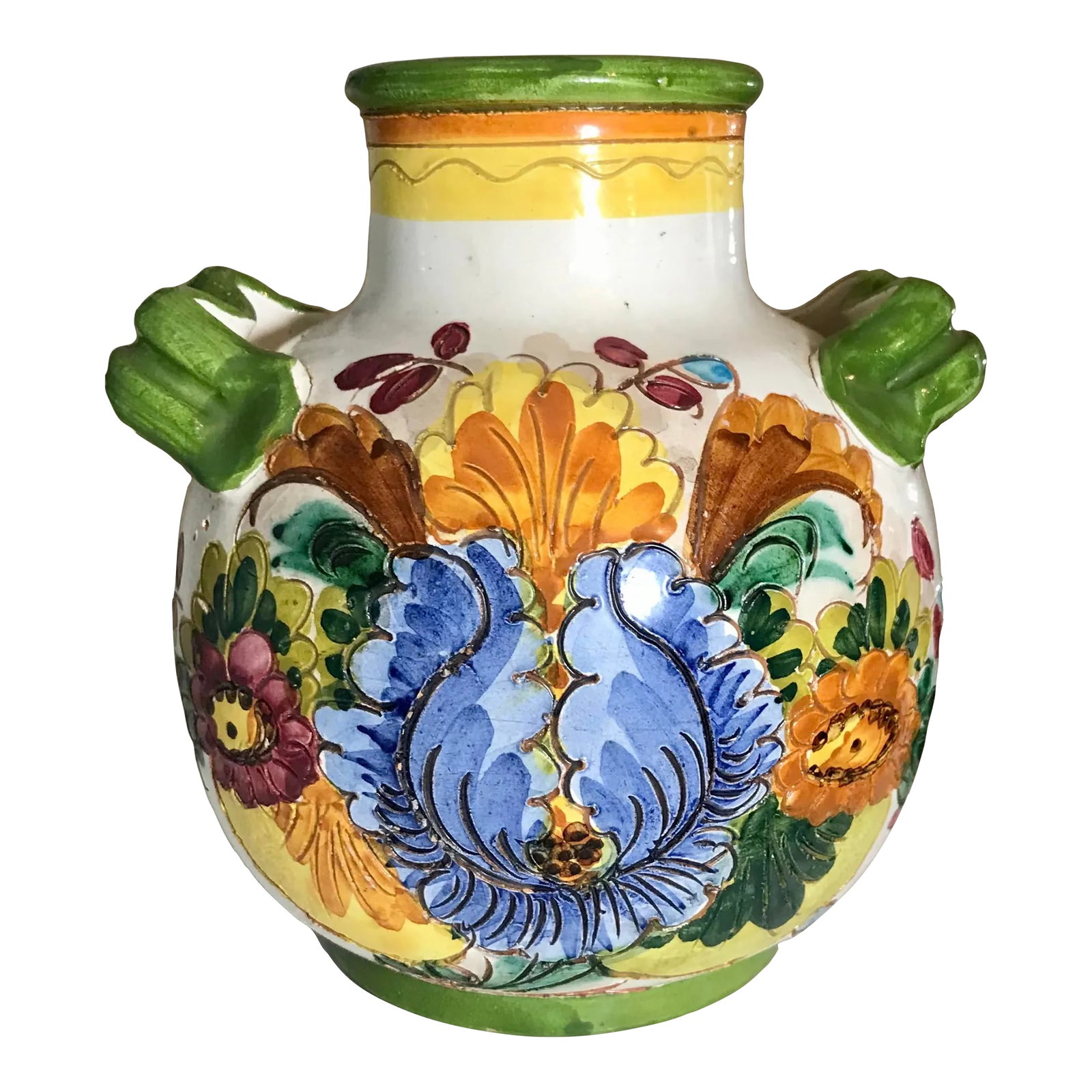 1950's Rustic Italian Hand Painted Floral Vase: Beautiful mustard yellow and avocado green are just two of the rich colors used to depict unique floral designs on the front and back of this hand painted Italian, urn shaped vase with handles. There 