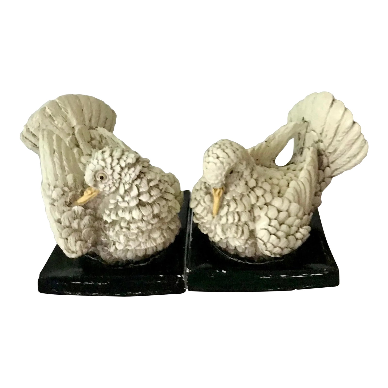 Mid 20th Century Two Turtle Doves Carved Wood Bookends, in the Style of Italian Artist Amilcare Sant: In the style of famed Italian artist Amilcare Santini (1910-1975) this pair of carved wood birds resting on a square black wood base work perfectly as bookends, or as the perfect finishing touch on a 