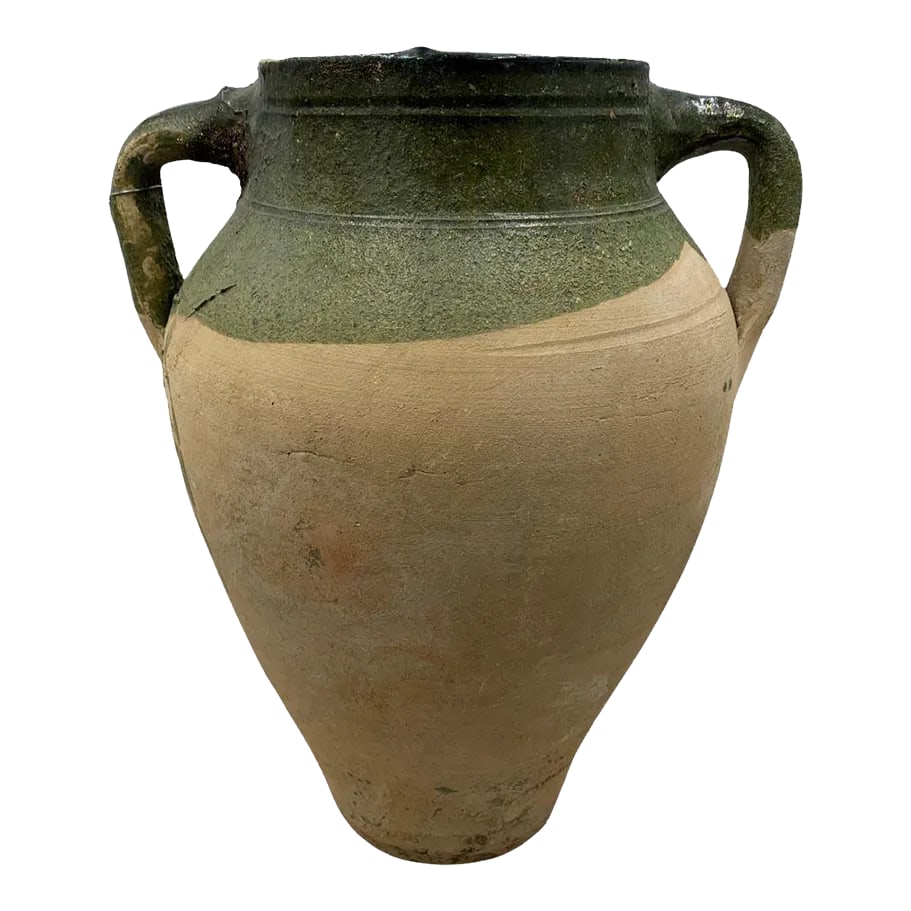 Turkish Terracotta Oil Jar: Hailing from the mountains of Anatolia and Konya in Turkey, these oil jars have a very transitional appeal. Each one is so wonderfully unique with its glaze and terra cotta color. You are buying a
