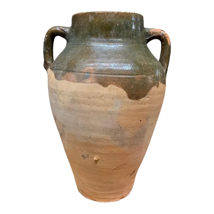 Vintage Turkish Terracotta Oil Jar: Hailing from the mountains of Anatolia and Konya in Turkey, these oil jars have a very transitional appeal. Each one is so wonderfully unique with its glaze and terra cotta color. You are buying a