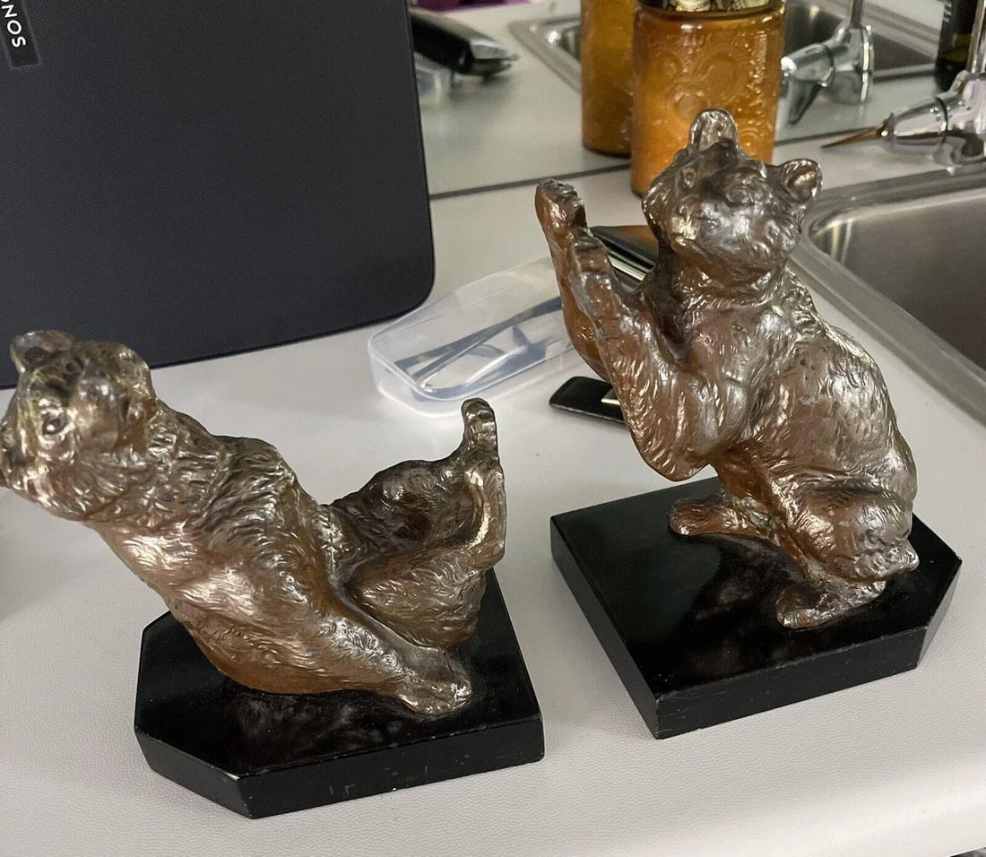 Vintage 1940s Art Deco Frolicking Bear Bookends in the Style of Louis Albert Carvin - a Pair - 10