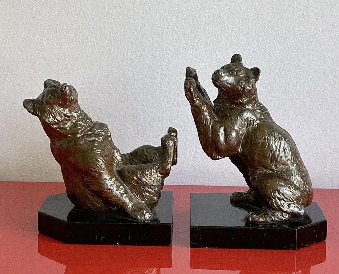 Vintage 1940s Art Deco Frolicking Bear Bookends in the Style of Louis Albert Carvin - a Pair - 11