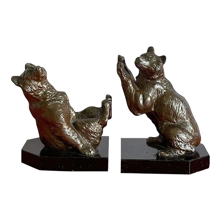 Vintage 1940s Art Deco Frolicking Bear Bookends in the Style of Louis Albert Carvin - a Pair: PALM BEACH ESTATE FIND!! Wonderful pair of vintage Art Deco Frolicking Bear Bookends in the style of Louis Albert Carvin. Best known for his studies of animals, Carvin (1875-1951) was a prolific