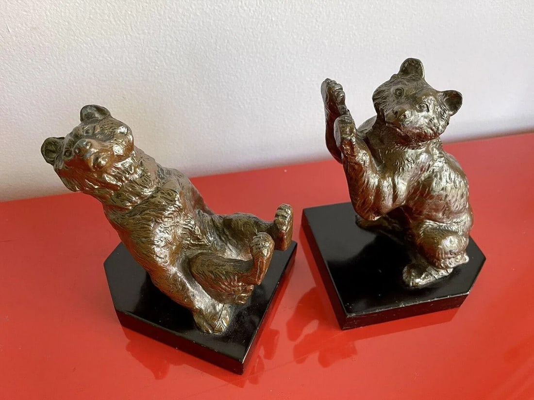 Vintage 1940s Art Deco Frolicking Bear Bookends in the Style of Louis Albert Carvin - a Pair - 2