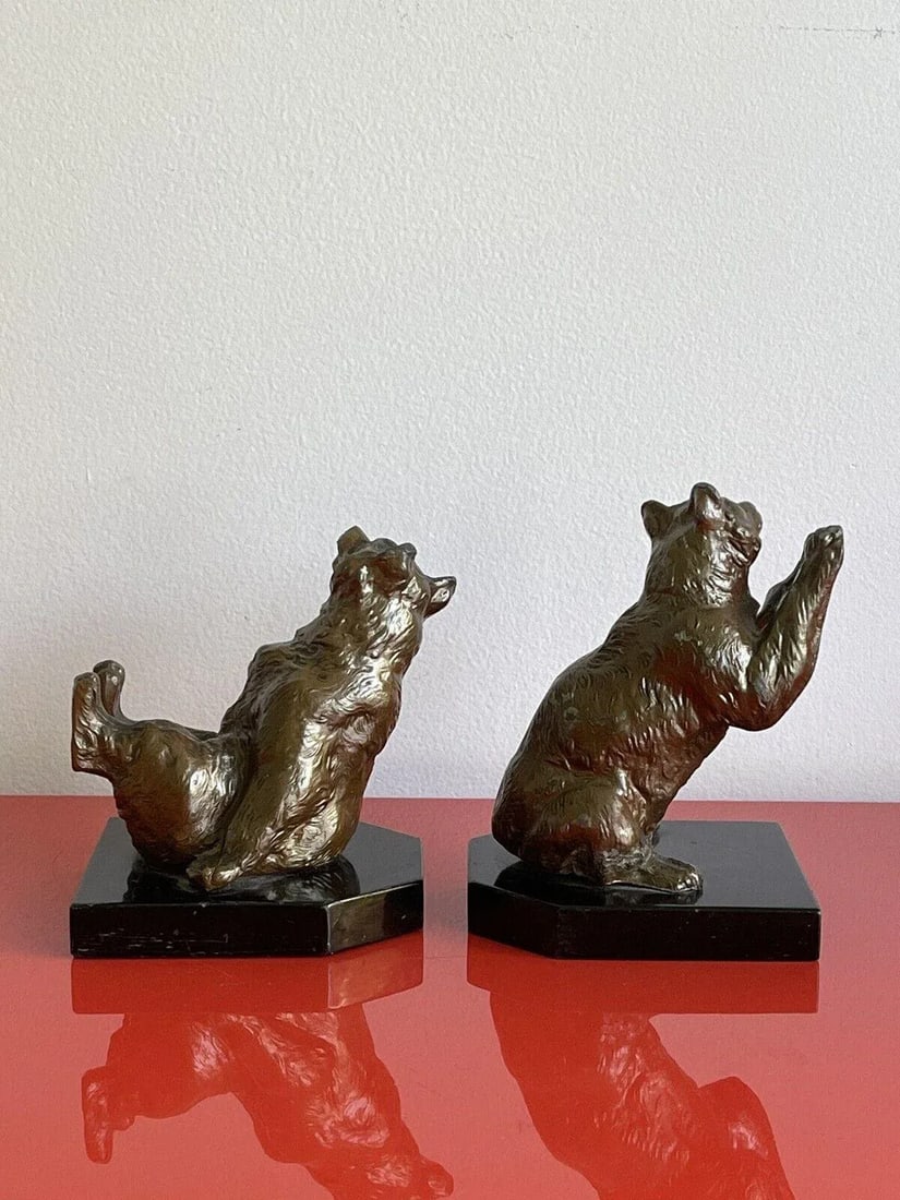 Vintage 1940s Art Deco Frolicking Bear Bookends in the Style of Louis Albert Carvin - a Pair - 4