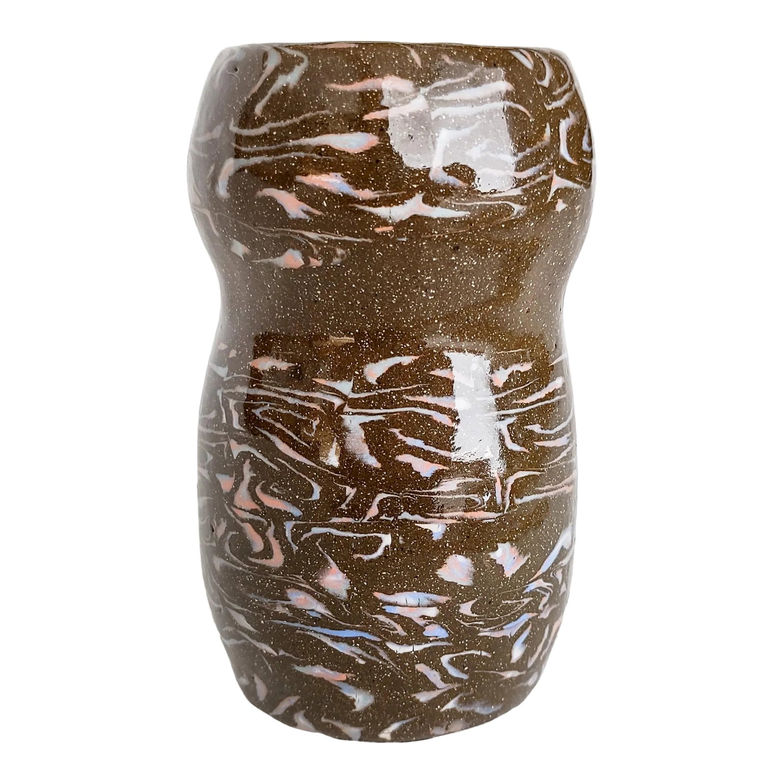 Nerikomi Sandy Brown With Rainbow Squiggles Ceramic Vase by Fizzy Ceramics: Handmade nerikomi vase with multiple colored clays. Black-brown speckled clay with colorful marbled squiggles integral to the vase. Made and fired in Los Angeles by Fizzy Ceramics in 2022. Glazed