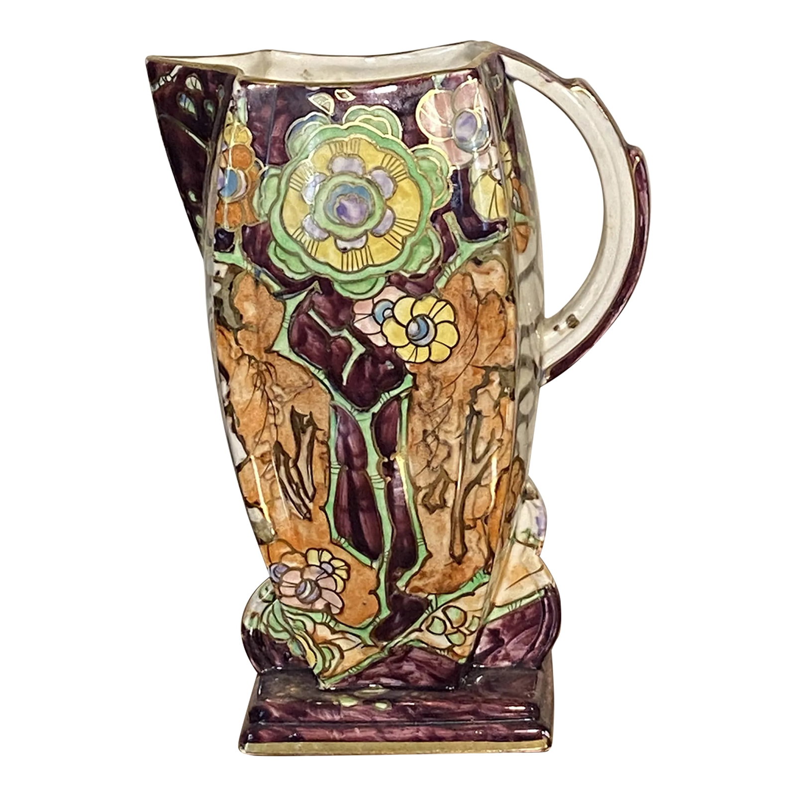 Colorful 1930s Hand Painted Pitcher By: Royal Wilton: Colorful 1930s hand painted pitcher with Art Deco roses in yellow, purpure orange and gold by: Royal Wilton Condition: Alterations: Original Condition Unaltered Imperfections: Some Imperfections Condi