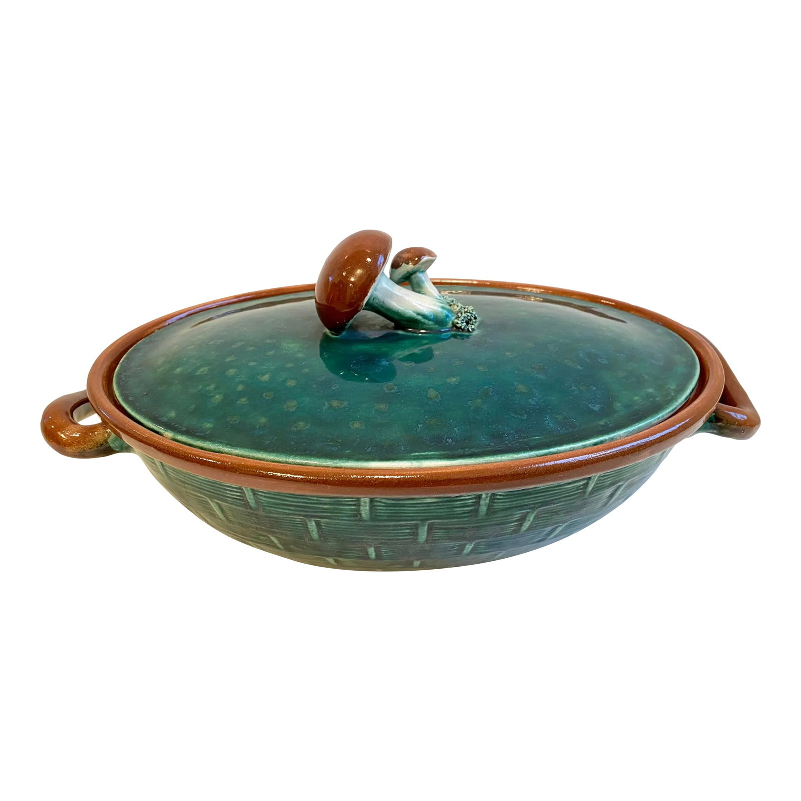 1930s Tellurite Belgium Decorative Basket Lidded Casserole: Vintage lidded ceramic casserole dish made in Belgium by Tellurite, circa 1930s, style # 1125. Lovely basket weave pattern on base with mushrooms for a handle on lid. Warm earth tones of brown, green 