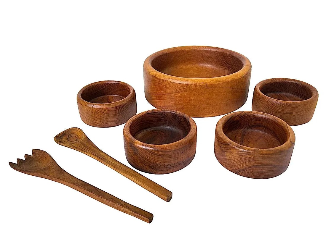 1970s Teak Wood Salad Bowls and Serving Utensils, Set of 7 - 10