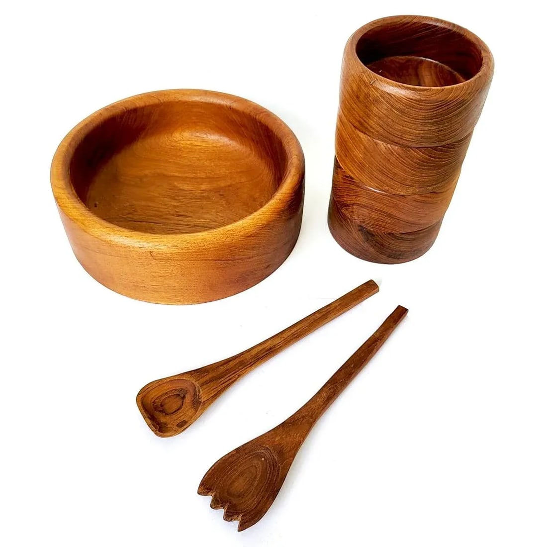 1970s Teak Wood Salad Bowls and Serving Utensils, Set of 7 - 2
