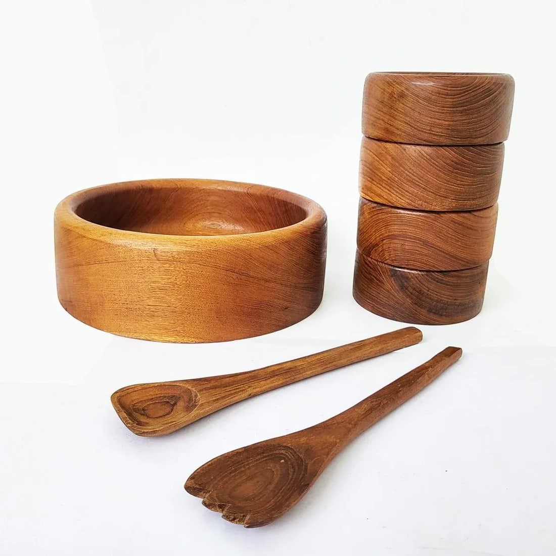 1970s Teak Wood Salad Bowls and Serving Utensils, Set of 7 - 3