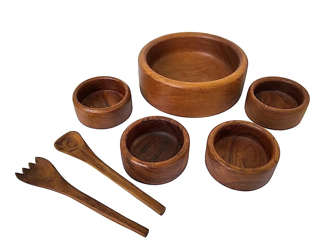 1970s Teak Wood Salad Bowls and Serving Utensils, Set of 7 - 4