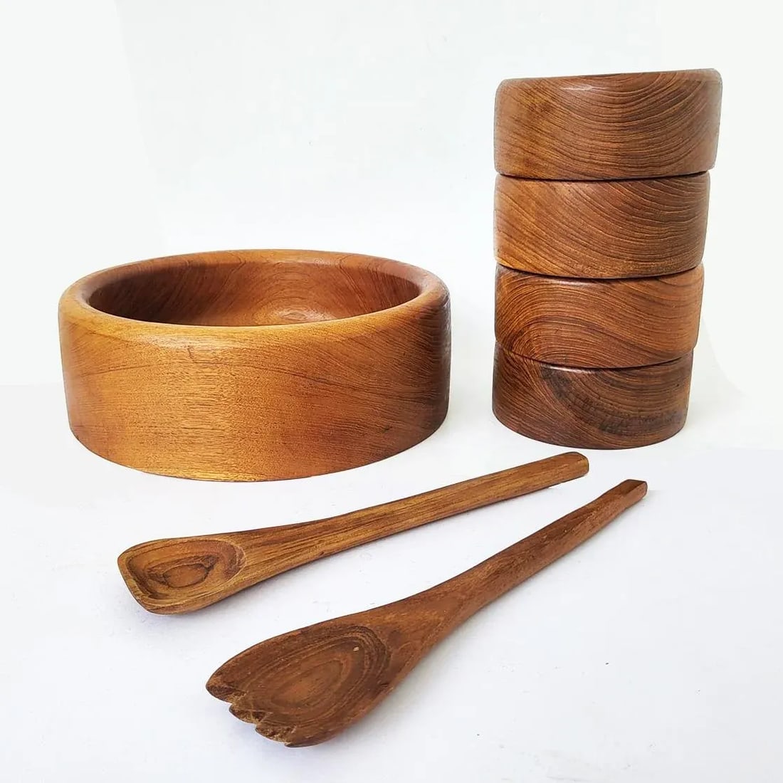 1970s Teak Wood Salad Bowls and Serving Utensils, Set of 7 - 5