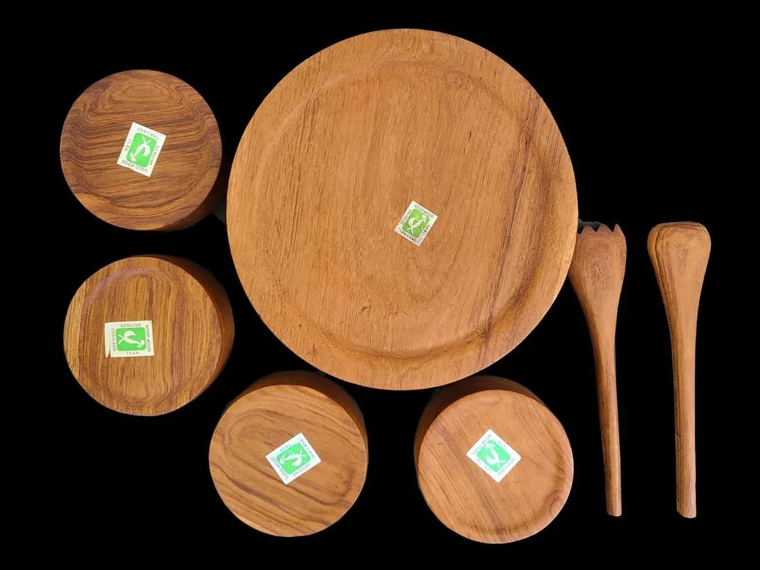 1970s Teak Wood Salad Bowls and Serving Utensils, Set of 7 - 8