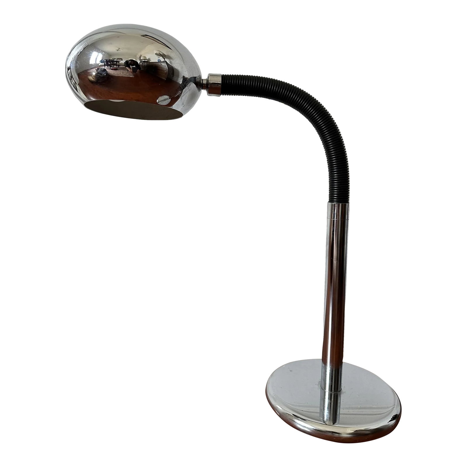 French Mid-Century Chrome and Adjustable Plastic Arm Desk Lamp: Designer unknown for now but will update shortly. French 1960's chrome desk lamp it great condition. Condition: Alterations: Original Condition Unaltered Imperfections: Some Imperfections Condition No