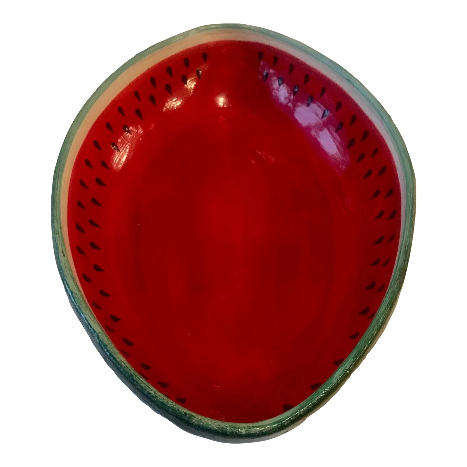 1970's Trompe-l'Oeil Folk Art Watermelon Bowl: This vintage Folk Art rustic handcrafted serving bowl painted to look like half of a ripe watermelon is the perfect "slice" of Americana to add a touch of whimsy to your kitchen or dining room table. 