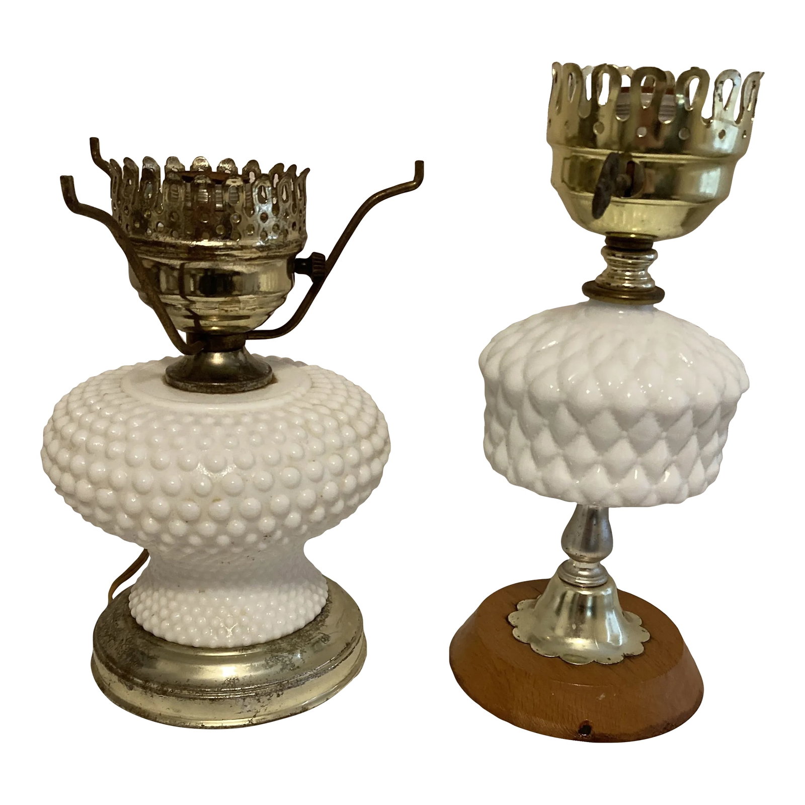 Vintage 1950s Milk Glass Hobnail Mismatched Lamps, Set of 2: A pair of cute mismatched 1950's white milk glass lamps. One has a wood base. wood base lamp: 10.75" tall x 5" round metal base lamp: 9.5 " tall x 6" round Does not include lightbulbs Condition: Alter