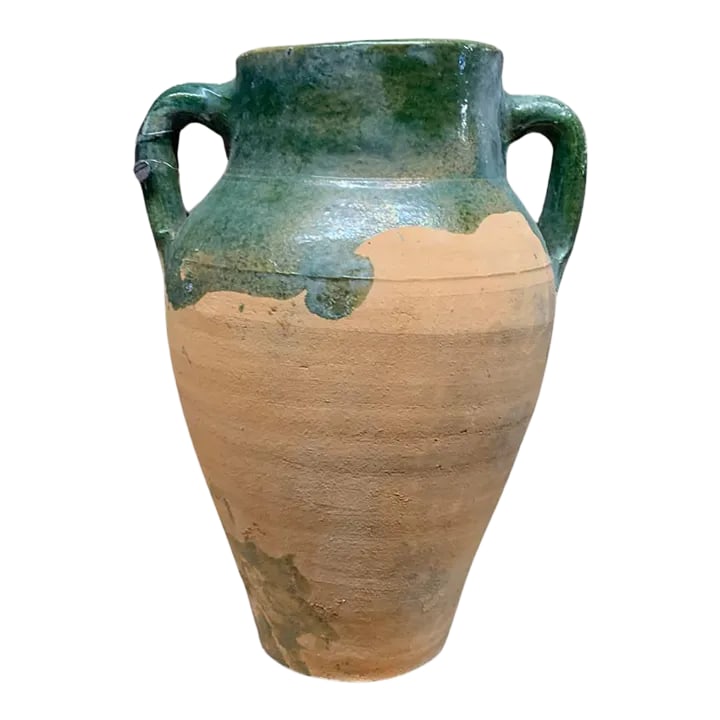 Vintage Turkish Terracotta Oil Jar: Hailing from the mountains of Anatolia and Konya in Turkey, these oil jars have a very transitional appeal. Each one is so wonderfully unique with its glaze and terra cotta color. You are buying a