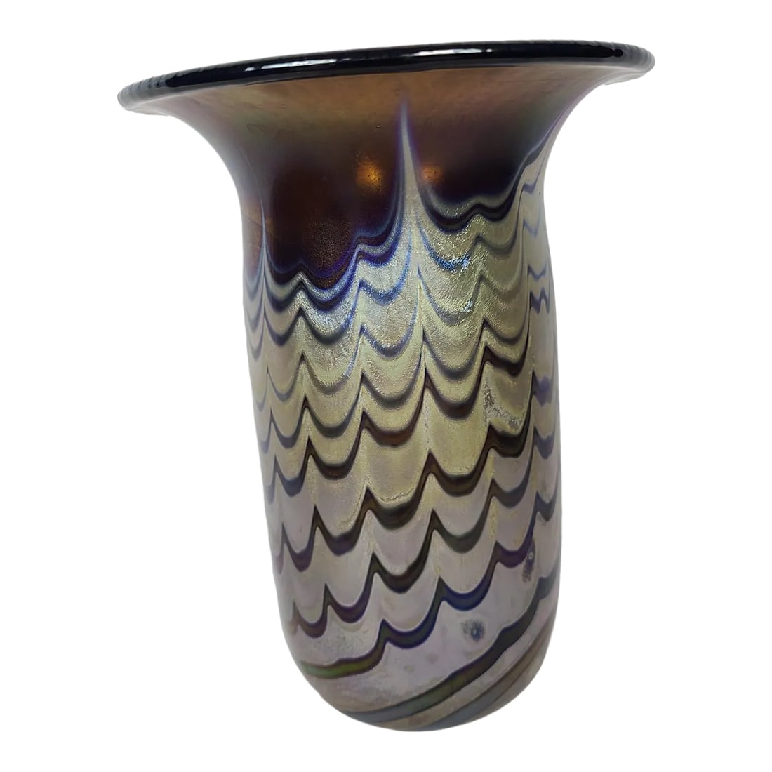 Michael Shearer 1979 Iridescent Oxide Glass Vase: Beautiful 1979 signed Michael Shearer iridescent glass vase. The colors are much more vibrant that what is reflected in the photos. About the artist: Michael Shearer unique organic style embodies
