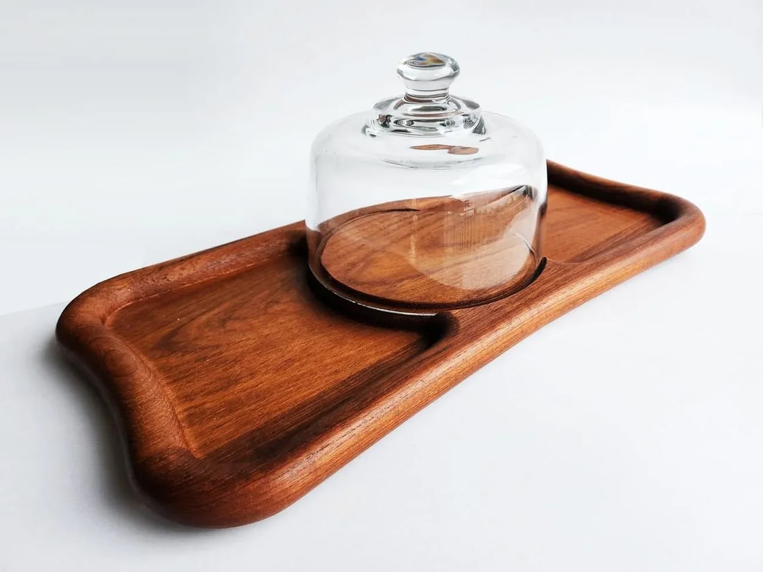 1970s Teak Wood Bone Shaped Cheese Board With Glass Cloche, 2 Pieces - 2