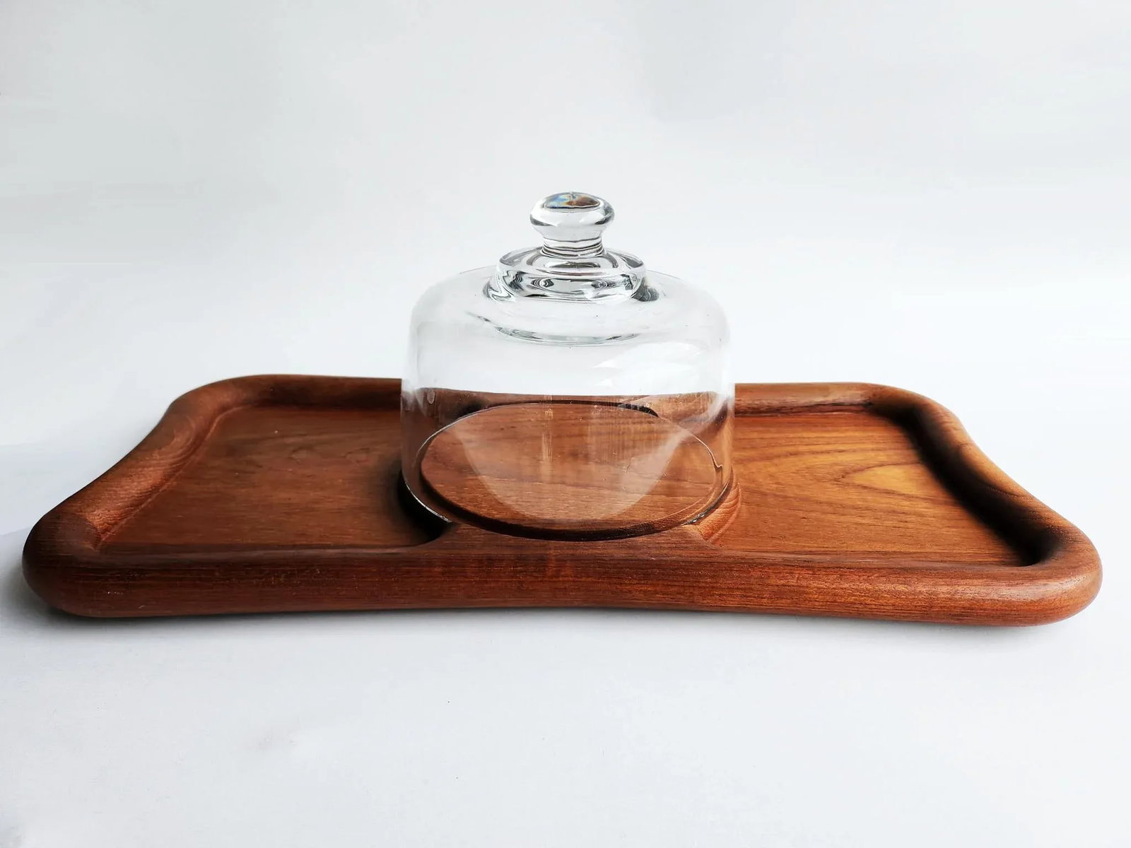 1970s Teak Wood Bone Shaped Cheese Board With Glass Cloche, 2 Pieces - 3