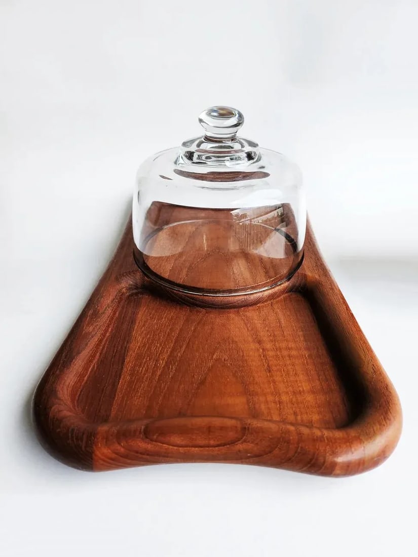 1970s Teak Wood Bone Shaped Cheese Board With Glass Cloche, 2 Pieces - 4