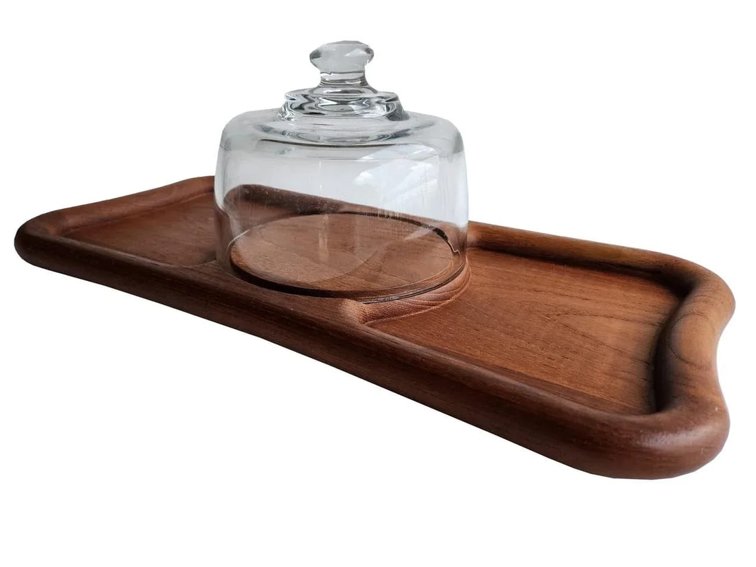 1970s Teak Wood Bone Shaped Cheese Board With Glass Cloche, 2 Pieces - 5