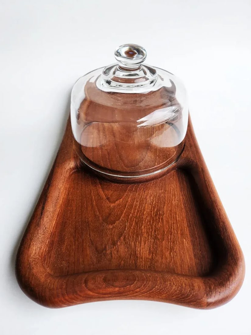 1970s Teak Wood Bone Shaped Cheese Board With Glass Cloche, 2 Pieces - 6