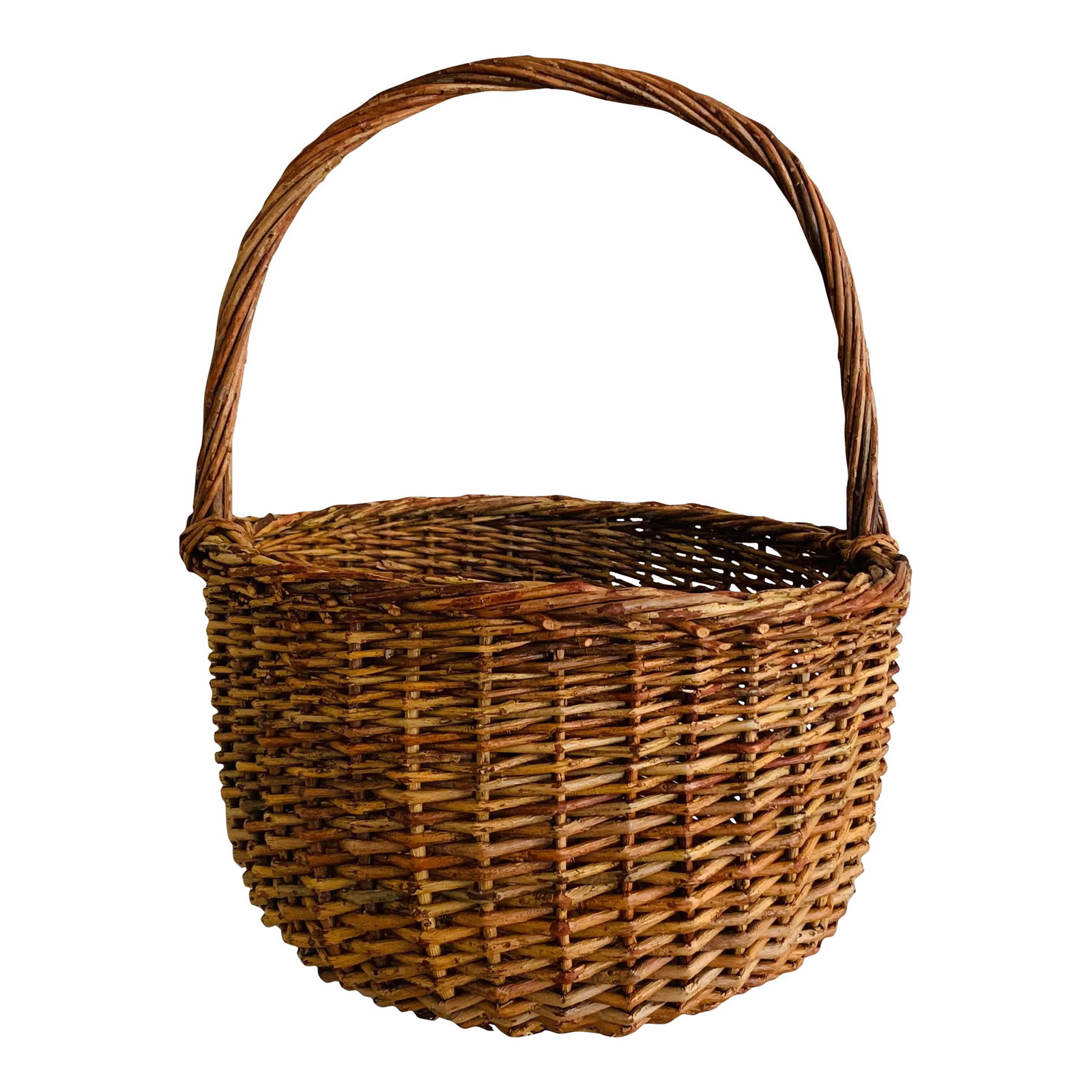 Late 20th Century Vintage Gathering Large Wicker Basket: Vintage gathering basket in age appropriate condition with a small break in wicker (photo #7) 12" x 13" x 16.25" high 12" diameter x 7.25" without handle Condition: Alterations: Original Condition