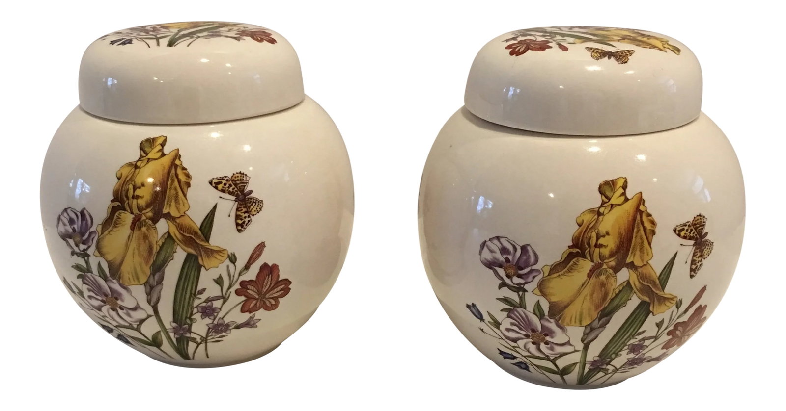 English Vintage Mason Ginger Jars - a Pair: Charming pair of ironstone ginger jars from Masons China. Botanical motif with butterflies. Made in England, circa 1950's. Each cover jar measures 5"x5"x5". Free of any chips cracks or crazing. Great
