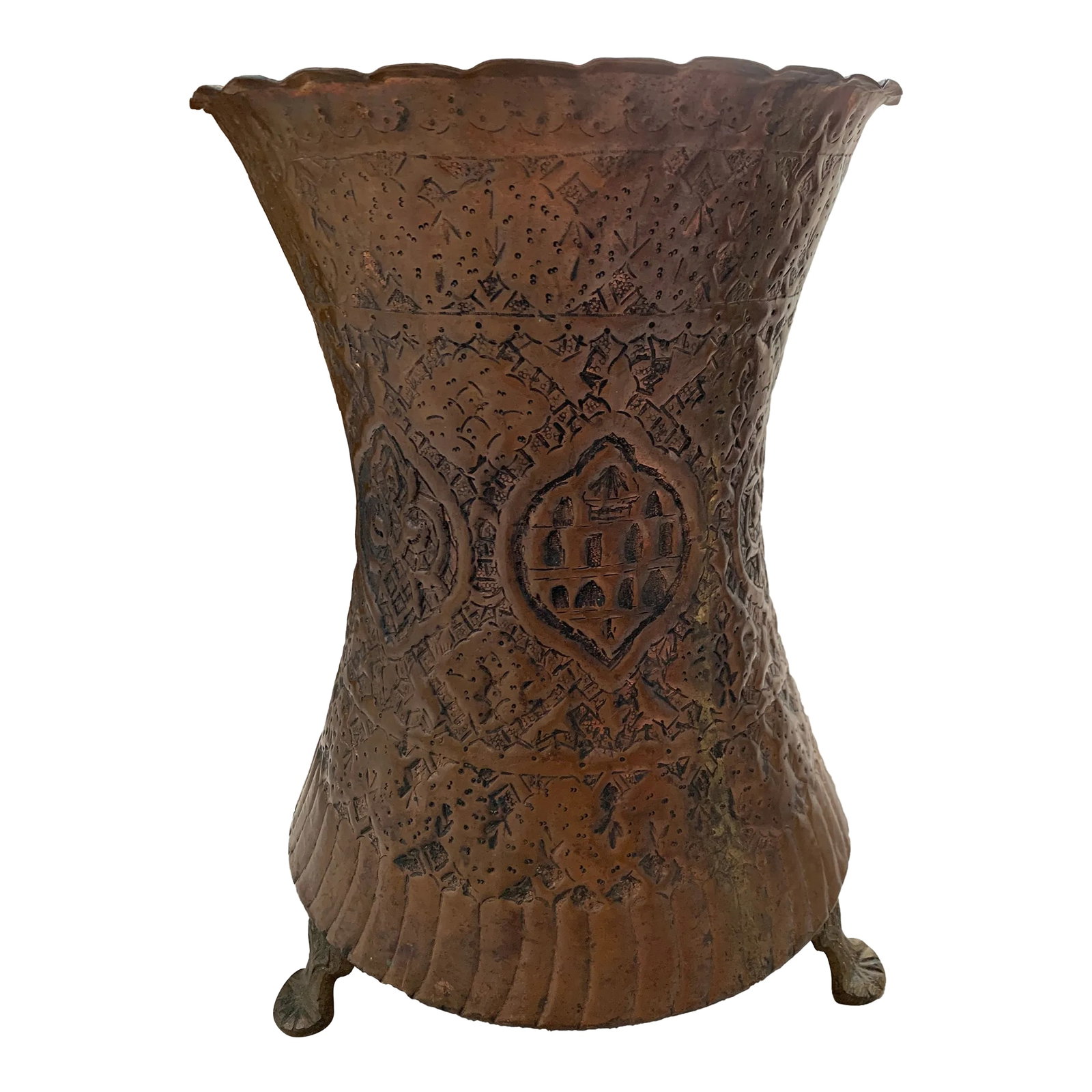 Large Vintage Boho Copper Jardiniere or Vase: Here we have a great old footed Middle Eastern shapely copper vessel. Perfect for that exotic Bohemian texture. LOTS of patina on this hammered and etched vase or jardiniere, 13 inches tall. Three