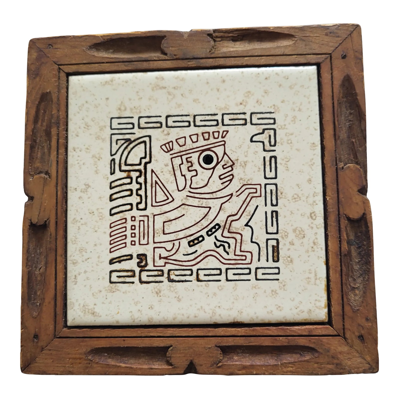 1970s Mexican Tile Trivet: Unique Mexican tile with carved wooden frame stand. Originally acquired in Mexico in 1970s. Numbered on back: DAL -TILE T-46 Condition: Alterations: Original Condition Unaltered Imperfections: Some