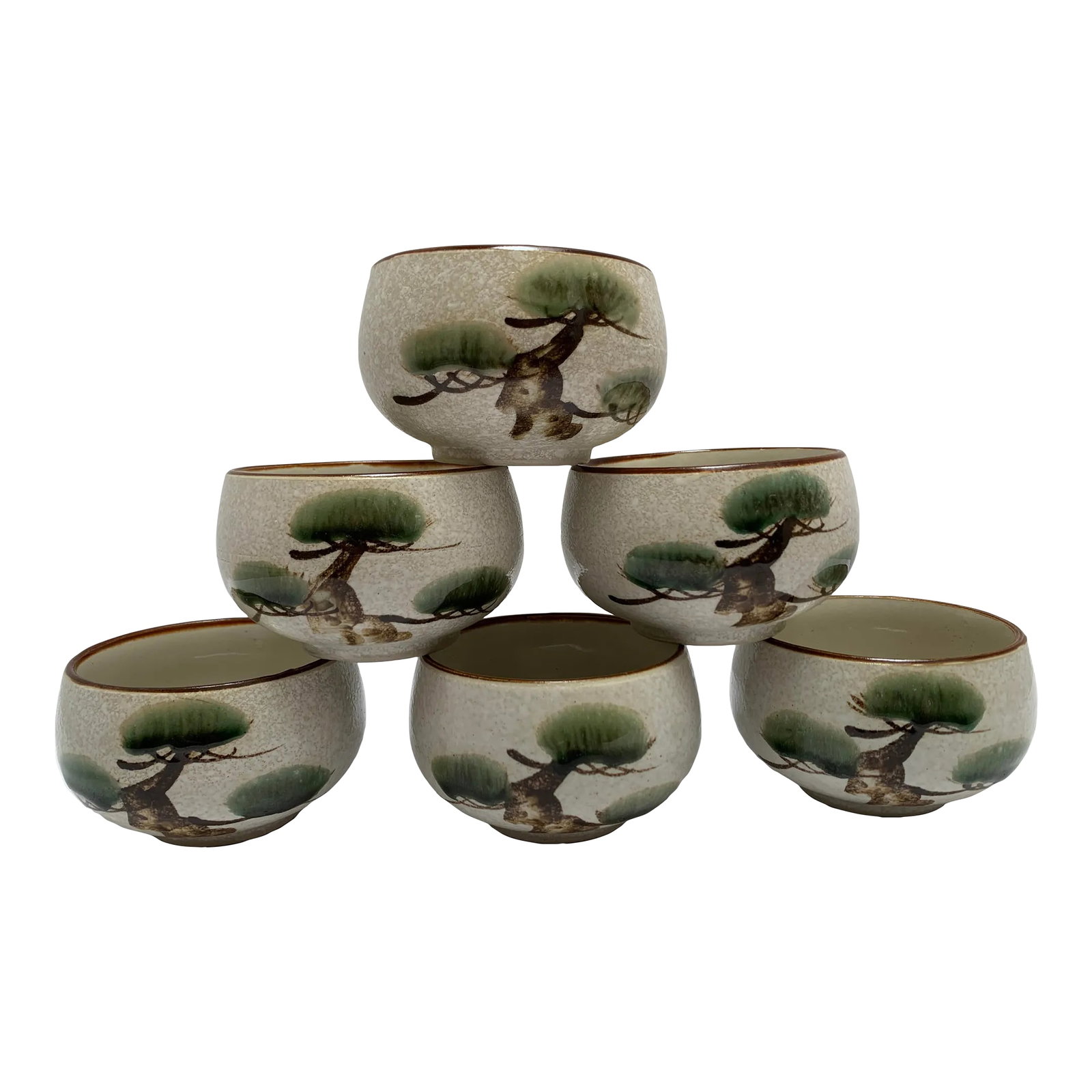 Vintage Ceramic Pottery Japanese Tea or Sake Cups, Set of Six: Sweet elegant whimsical zen-ish bonsai design Japanese set of six pottery tea or sake cups Condition: Alterations: Original Condition Unaltered Imperfections: Some Imperfections Condition Notes: