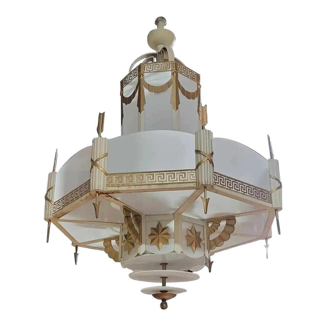 Art Deco Movie Theater Chandelier 1930's: Exceptional and historic Art Deco theater chandeliers Created for the Encore Theater in Burlingame, California, opening in 1930. Original painted surface in off white and gold. Removable milk glass pa